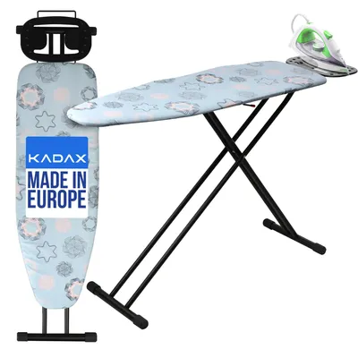 A KADAX ironing board with an iron on it, set against a white background.
