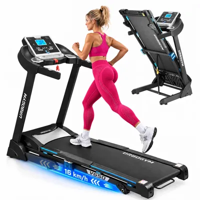Produktbild von URBOGYM V650 Laufband für Zuhause, 16 km/h, 140 kg, 45 × 126 cm Lauffläche, 12 Programme, 3 Neigungsstufen, klappbar, Bluetooth
