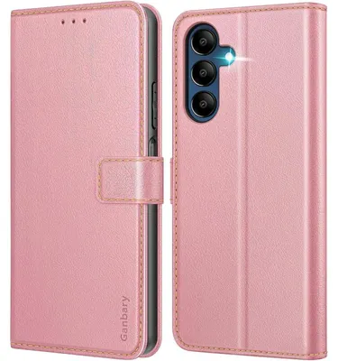 Zdjęcie produktu dla Etui typu klapka do telefonu Samsung Galaxy A15 / A15 5G, wykonane ze sztucznej skóry, w kolorze różowym, z przegródkami na karty i funkcją podstawki
