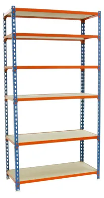 Image de Etagère Légère Sans Vis Maderclick Superplus 6/400 Bleu/orang/bois Bleu/orange/bois 2500x1100x400 - Simonrack
