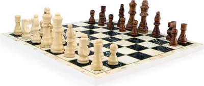Produktbild von Black - White Marmor Optik Schach Spiel mit Massiv Holz Schachfiguren