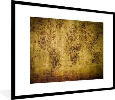 Produktbild von MuchoWow® Gerahmtes Poster Weltkarte - Braun - Vintage 80x60 cm - Poster mit Schwarzem Bilderrahmen Wandposter Rahmen Foto Bilder - Schlafzimmer-Dekorationen - Fotoposter
