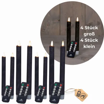Produktbild von Sparset Stabkerzen LED mit Timer Klein+Groß SCHWARZ 8 Stück indoor - 6 Stunden - ECHTWACHS 18cm+23cm Höhe für Kerzen 2,2cm Durchmesser 2 AAA Batterien notwendig LED Stabkerzen flackernde Flamme