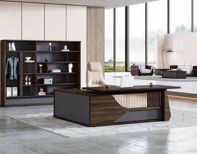 Produktbild von Braun-Grauer Chef Schreibtisch Designer Büromöbel Robuster Holz Tisch