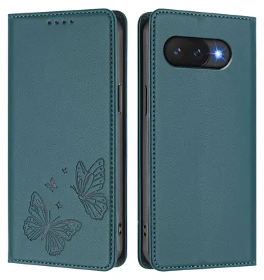 Produktbild von Lederhülle für Google Pixel 9A, Schmetterling Prägung Leder Brieftasche Schutzhülle mit Ständer Grün