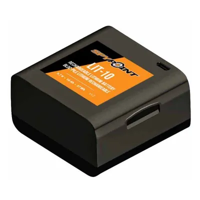 A product shot of a black lithium battery pack with an orange label.