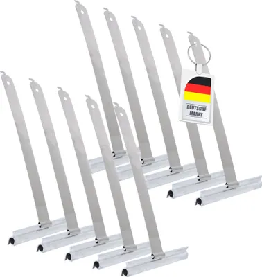 A set of ten metal roller shutter suspension springs, arranged in a staggered formation against a white background. A small tag with the German flag and the text 'DEUTSCHE MARKT' is attached to one of the springs.