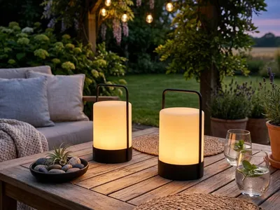 Produktbild von 2er SET Solar Tischleuchten mit Fernbedienung dimmbar, RGB & Kerzen Flackerlicht