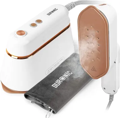 A white and gold steam iron and its base are displayed on a white background, with a dark gray fabric accessory featuring the brand name "DURONIC" in white.