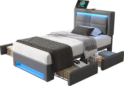 Immagine prodotto di Letto imbottito 90x200 cm, con connessione USB, con illuminazione LED e quattro cassetti, senza materasso, motivoPoliuretanoLitschi, grigio