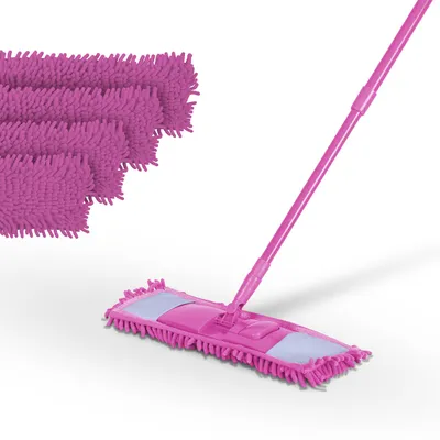 Obrázek produktu pro Sada mopů na podlahu ( růžová ) včetně 4 náhradních návleků - Mop s nožním cvaknutím 360° kloub pro všechny rohy - Komfortní mop na čištění podlah s plochým mopem
