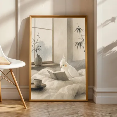 Obrázek produktu pro Plakáty s motivem albínských andulí v stylu sumi-e, rozměry 30 x 42 cm