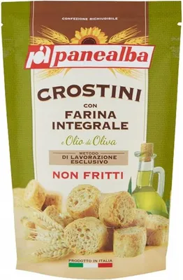 Obrázek produktu pro Panealba Crostini, Křupavý chléb, 80 g, Kulatý, 1 kusů, Type "0" soft wheat flour, 40% whole wheat flour, 13% olive oil, sunflower seed oil, brewer's..., 475 kcal