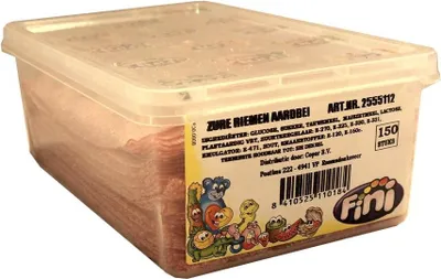 Produktbild von Fini Zure Riemen Aardbei 150 Stck. Box (Fruchtgummi Bänder Erdbeere)