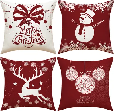 Produktbild von Weihnachts-Kissenbezug 45 x 45 cm, 4er-Set, Weihnachts-Deko-Kissenbezug, Deko-Kissenbezug, rustikales Sofa, Leinen-Kissenbezug, Sofa, Sofa-Sessel, Wohnzimmer-Kissenbezug
