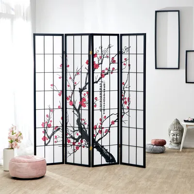 Produktbild von Homestyle4u Paravent Raumteiler 4 teilig Holz Schwarz Reispapier Weiß Kirschmuster Höhe 179 cm