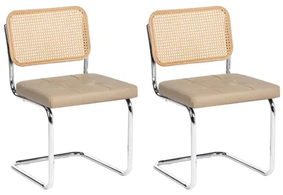 Produktbild von BELIANI Esszimmerstühle 2er Set Taupe Kunstleder Gepolstert mit Wiener Geflecht Rückenlehne Freischwinger Metallgestell Vintage Retro Stil