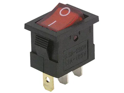 Zdjęcie produktu dla Mini przełącznik kołyskowy McPower, 3-biegunowy, czerwony, 250 V/6,5 A, pozycje: ON/OFF