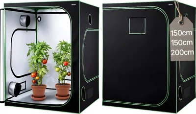 A split image showing a grow tent from the front with plants inside and from the side with a size tag.