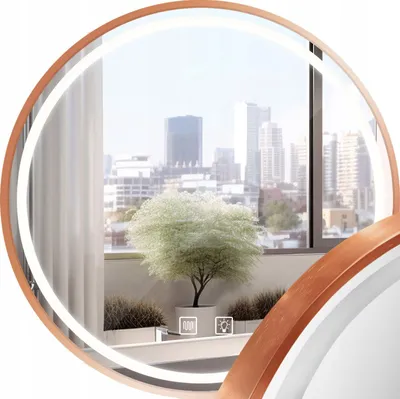 A round mirror with a copper frame and LED light, reflecting a city view and a potted plant.