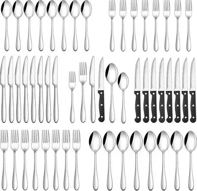 Produktbild von Unyqoos® 36-teiliges Besteckset für 6 Personen – Edelstahl, inkl. 6 Steakmesser, 6 Messer/6 Gabeln/6 Löffel, silber, spülmaschinenfest
