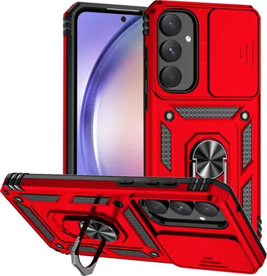 Image de Étui pour Samsung Galaxy A55 5G étui double couche avec couvercle coulissant pour appareil photo et anneau de support rouge