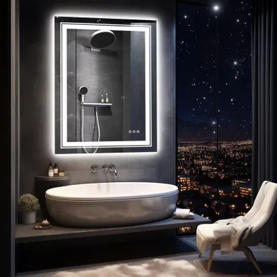 Immagine prodotto di Specchio da bagno a LED Vrygle 60x80 cm — Specchio da parete con illuminazione frontale e retroilluminazione, antiappannamento, intensità regolabile, 3 tonalità di luce, IP56, specchio cosmetico
