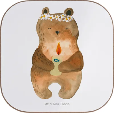 Produktbild von Mr. & Mrs. Panda Tassenuntersetzer Bär Kommunion - Weiß - Geschenk, Untersetzer Glas, Tischuntersetzer, Katholisch, Tasse, Gottes Segen, Coaster, Teddy, gläseruntersetzer