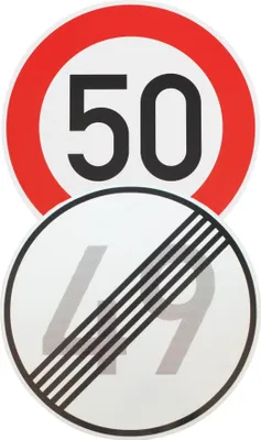 Produktbild von Original 2 x Verkehrszeichen Nr. 274-50 50 km/h und Nr. 282 Ende 49 km/h zum 50 Geburtstag Geschenk Straßenschild Verkehrsschild Geburtstagsschild RA1