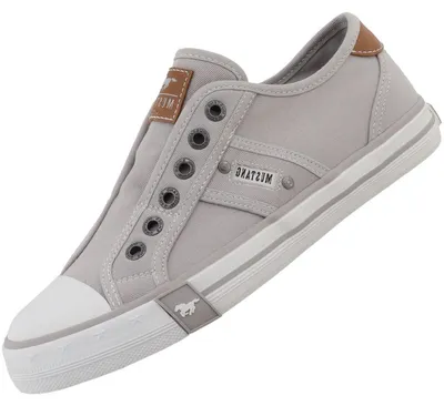Das Bild zeigt einen grauen Freizeitschuh der von der Seite betrachtet wird. Der Schuh hat ein modernes Design mit einer ovalen Schnürung und einer strukturierten Sohle.