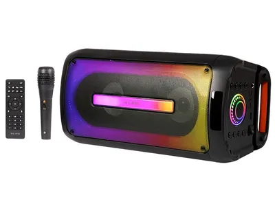 A black Bluetooth speaker with colorful LED lights, a remote control, and a microphone are displayed on a white background.