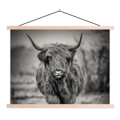 Produktbild von MuchoWow® Textilposter Schottischer Highlander - Schwarz und Weiß 60x45 cm mit holzfarbenen Rahmen - Bild