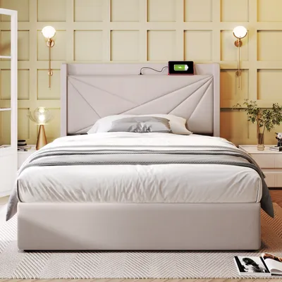 Immagine prodotto di okwish Letto singolo imbottito 90x200 cm, con contenitore, poggiatesta con funzione di ricarica USB Type-C, struttura solida con griglia, beige (senza materasso)