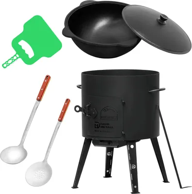 Produktbild von Ø40cm Uchag 2mm Stahl 12L Kazan Gusseisen Feuerstelle Kasan WOK Campingofen Utschak Utschag Feldküche Außenküche Eintopfofen mit Schaumkelle Suppenkelle Grillfächer