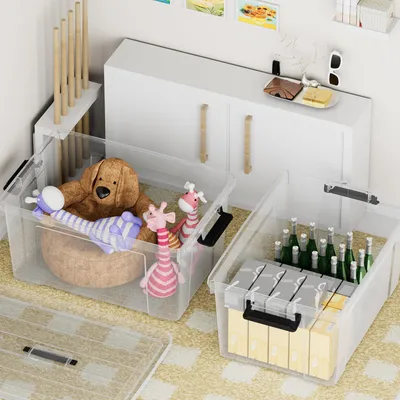Image de Boîte de rangement en plastique, 35 litres, lot de 4, empilable, avec couvercle et poignée, idéale pour l'organisation