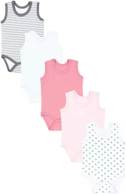 Produktbild von TupTam Baby Mädchen Achselbody in Unifarben 5er Pack, Farbe: Sternchen Streifen Grau Puderrosa Punkte, Größe: 98
