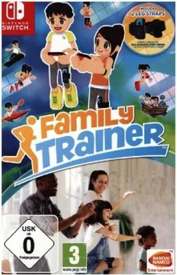 The image is a game cover for Nintendo Switch, featuring cartoon characters exercising and a family in the background. It also includes regulatory icons and branding.