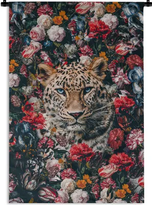 Produktbild von MuchoWow® Wandteppich Wandbehang Leopard - Blumen - Mantel 60x90 cm Tapisserie Dekoration Wandtuch - Foto-Teppich - Abwaschbar