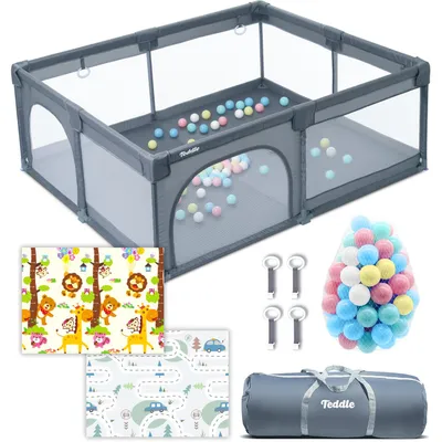 Productafbeelding van Teddle Grondbox – Inclusief Dubbelzijdige Speelmat – Baby Speelbox met 50x Speelballen - Kinderbox - Playpen - 180x150cm - Grijs