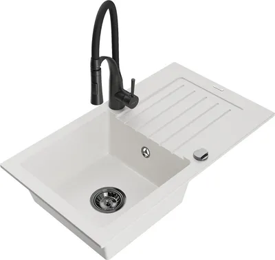 Produktbild von Mexen Pablo 1 Becken-Granitspüle mit Abtropffläche und Mischbatterie Aster, Weiß - 6510-20-73450-70-B