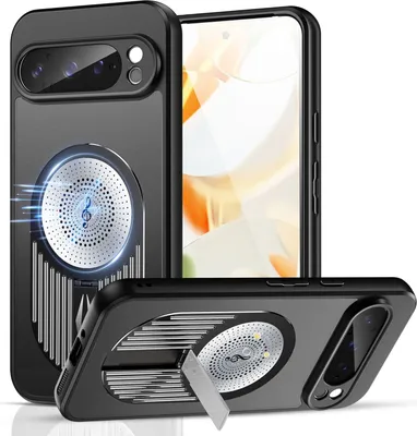 A black phone case with a circular design and a musical note symbol is shown from multiple angles.