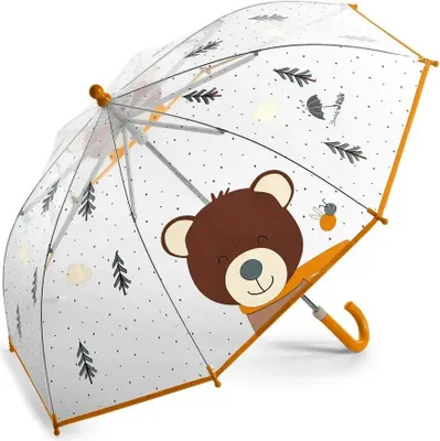 A transparent umbrella with a cartoon bear design.