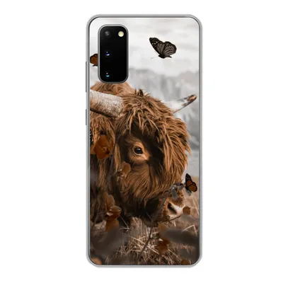 Produktbild von MuchoWow® Handyhülle Schutzhülle Hülle für Samsung Galaxy S20 Scottish Highlander - Schmetterlinge - Pflanzen Silikon Softcase Handy Hülle - Bild