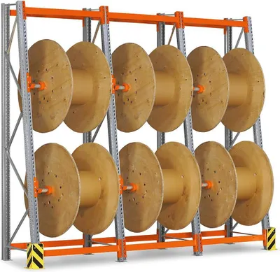 Produktbild von Kabeltrommelregal TAURUS | Grundregal | HxBxT 250x101x65/100cm | 2 Trommelwellen, Ø61mm | Fachlast 750kg | Silbergrau/Reinorange