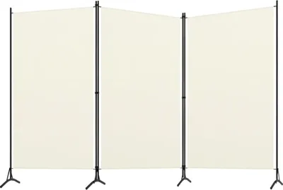 A three-panel room divider with a light cream fabric and black metal frame.