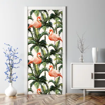 Produktbild von Dekorative Türaufkleber Raumdekoration selbstklebend Türposter Flamingo und Palmen 85 x 200 cm