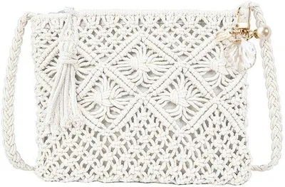 Obrázok produktu pre Ibenzoa® ručne vyrobená biela kabelka cez rameno (25 x 19 cm) z kvalitnej látky s mušľovými detailmi – ľahká kabelka pre dámy, na dovolenku a na pláž