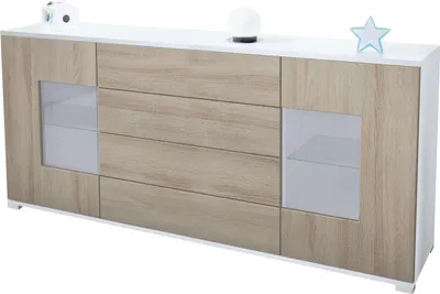 Produktbild von Vladon Sideboard Grömitz V2, Kommode mit 2 großen Türen und 4 Schubladen, Weiß matt/Eiche sägerau (166,5 x 75,5 x 35)