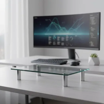 A glass monitor stand is placed on a desk in front of a computer monitor.