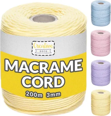 Zdjęcie produktu dla Creative Deco Sznurek do Makramy 3mm | 200m | Pastelowy Żółty | sznurek bawełniano-poliestrowy | idealny do dekoracji, rękodzieła, pakowania prezentów